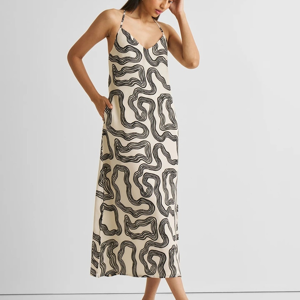 Linen Black and Cream Swirl Midi Dress